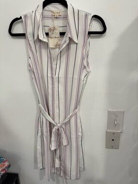 Hem & Thread White Sleeveless Shirt Dress with Pink and Blue Stripes